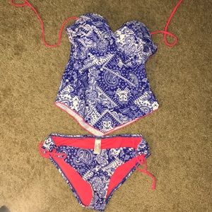Blue and white swimsuit top and bottom